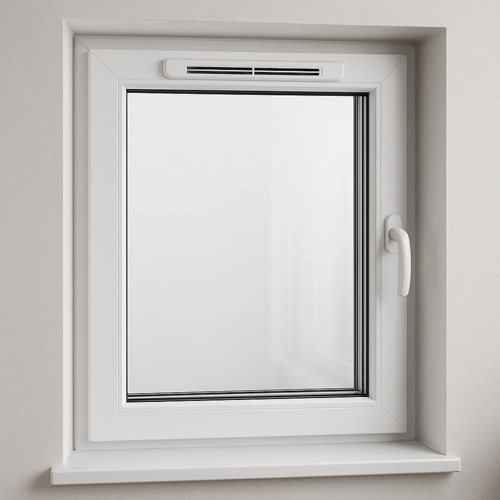Une fenêtre en PVC blanc avec une aération de fenêtre sur le cadre supérieur