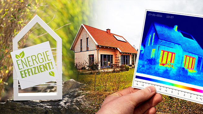 Einleitungsbild zum Thema Energieeffizienz und Wärmedämmung mit einem Haus und einer Wärmebildaufnahme