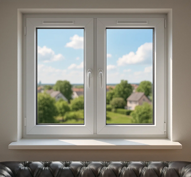 Doppelflügeliges Fenster mit Integrierter Lüftung oben am Rahmen mit schöner Aussicht