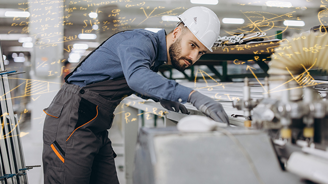 Ingenieur prüft Fensternormen in Fabrik am Werktisch mit Formeln die durch die Luft schweben