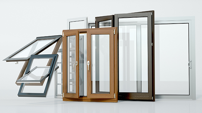 Verschiedene Fensterarten in verschiedenen Rahmenmaterialien wie Holz, Aluminium oder Kunststoff.