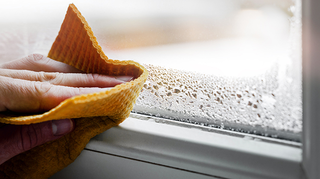 Hand wischt Wasser von Fensterrahmen ab um Schimmel zu vermeiden
