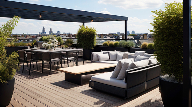 Moderne Terrassenüberdachung mit schicken Möbeln im Sonnenschein