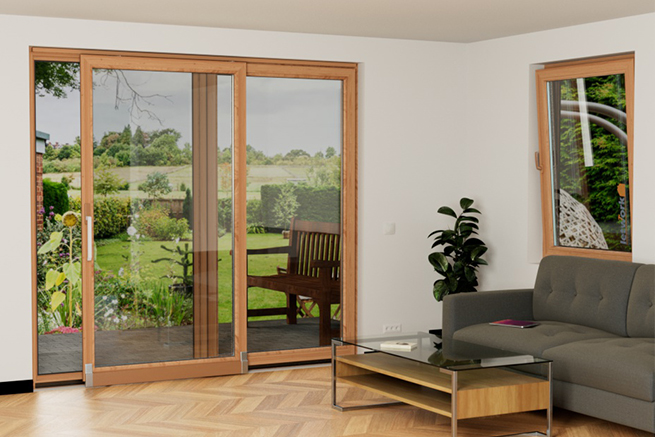 Porte coulissante et basculante parallèle en bois et aluminium