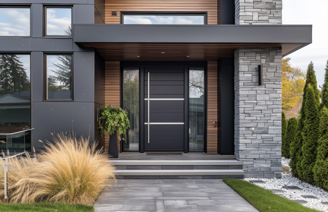 Entrée de maison moderne avec porte d'entrée anthracite et revêtement en pierre