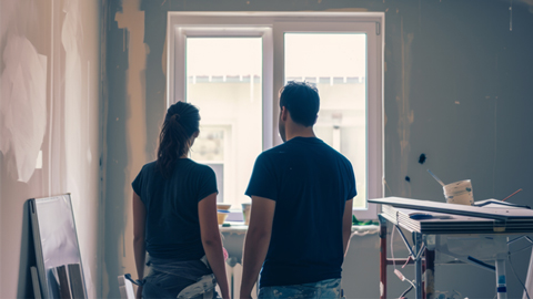 Zwei Personen stehen im Wohnraum vor einem Fenster