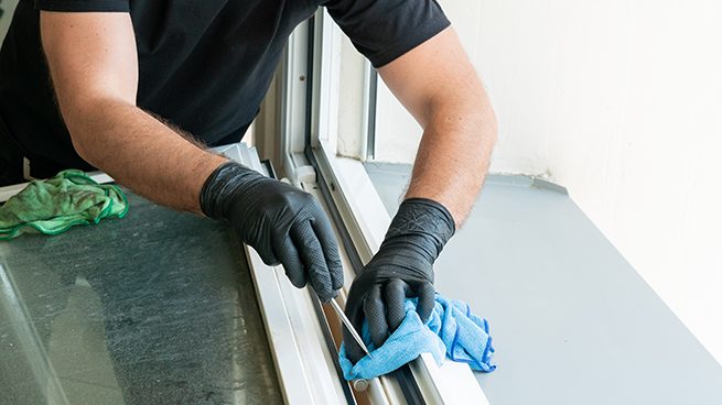 Handwerker säubert und pflegt eine Fensterdichtung