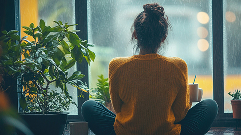 Une femme est assise devant une fenêtre acoustique et profite du calme