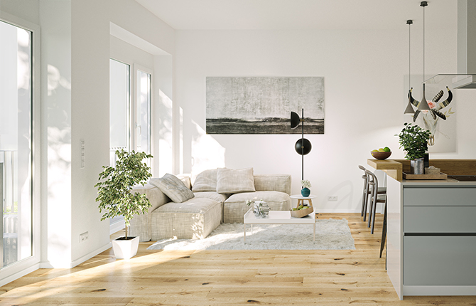 Espace de vie avec un aménagement moderne et des fenêtres en PVC blanc