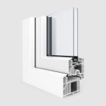 Fenêtre en PVC blanche avec double vitrage en angle avec vue sur le profil avec chambres et joints