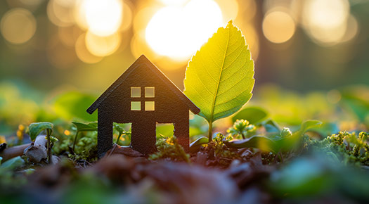 Energieeffizient bauen. Man sieht ein kleines Haus umgeben von grünen Blättern
