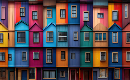 Bunte Häuserfassade mit bunten Fenstern