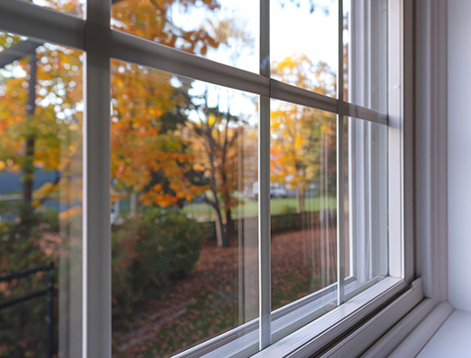 Fenêtre avec vue sur le jardin avec croisillons dans l'espace entre les vitres