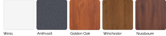 Palette de couleurs pour les portes d’entrée aluminium Feldmann et Mayer de la série de profilés DS82. Disponibles en blanc, anthracite, chêne doré, Winchester et noyer