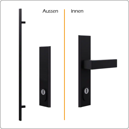 Ensemble de poignées 8 Blackline : À l'extérieur, poignée bâton carrée, à l'intérieur, béquille intérieure carrée en noir en inox