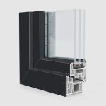 Fenêtre en PVC-Aluminium avec profilé en PVC et coque en aluminium noir avec triple vitrage, vue sur le profilé en PVC avec chambres et joints