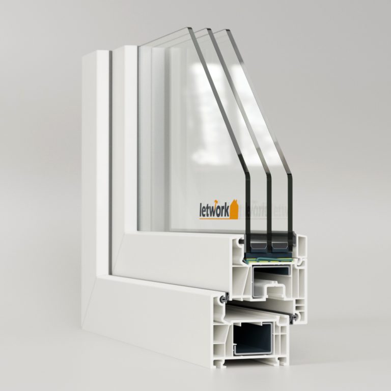Profilé PVC FalcoTherm 70 AD, présenté en angle avec vue sur le profilé à chambres
