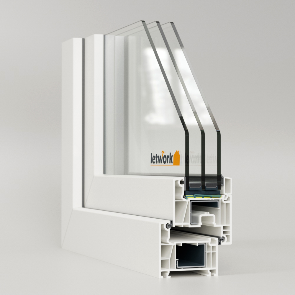 Profilé PVC FalcoTherm 70 AD, présenté en angle avec vue sur le profilé à chambres