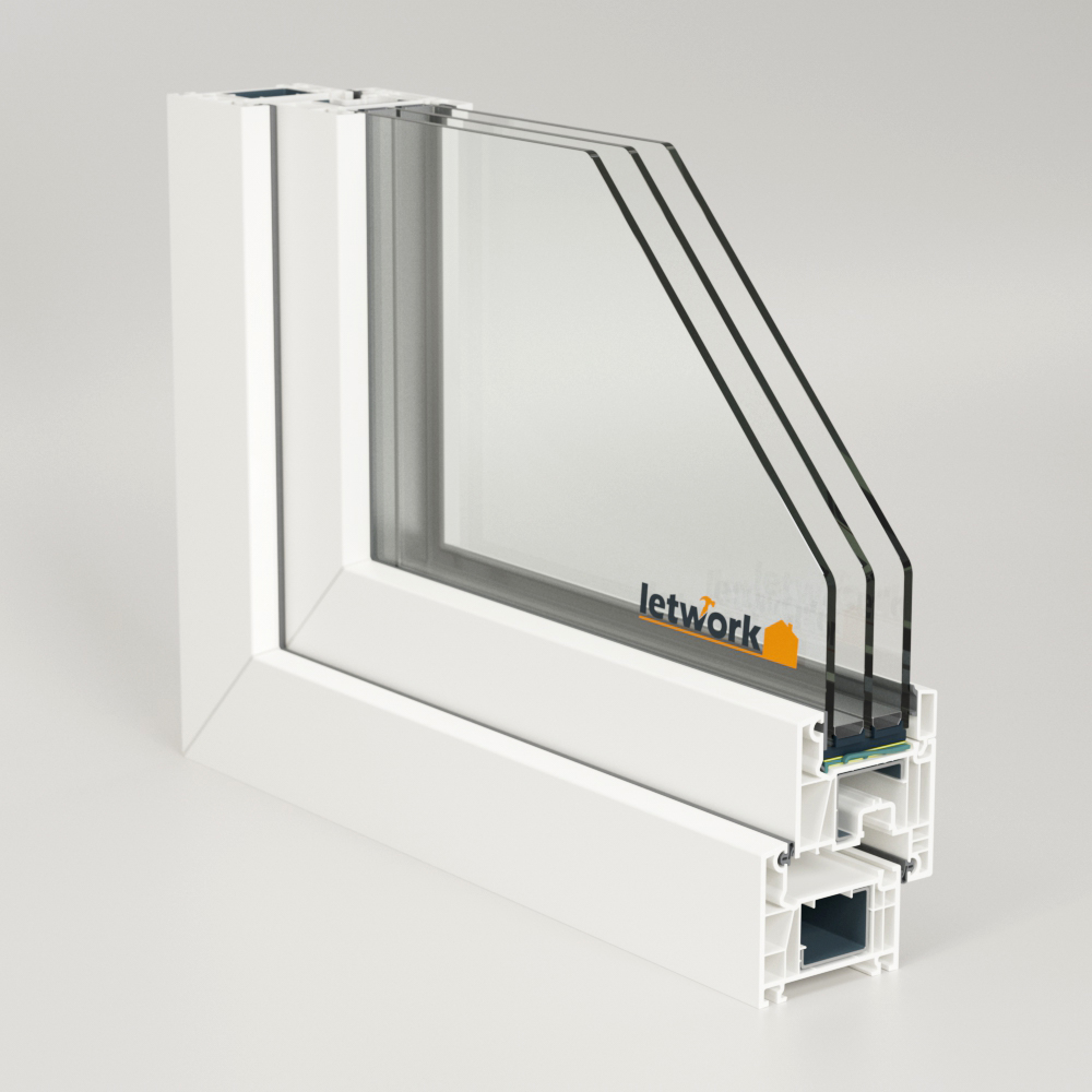 Profilé PVC FalcoTherm 70 AD, présenté en angle avec vue sur le profilé à chambres