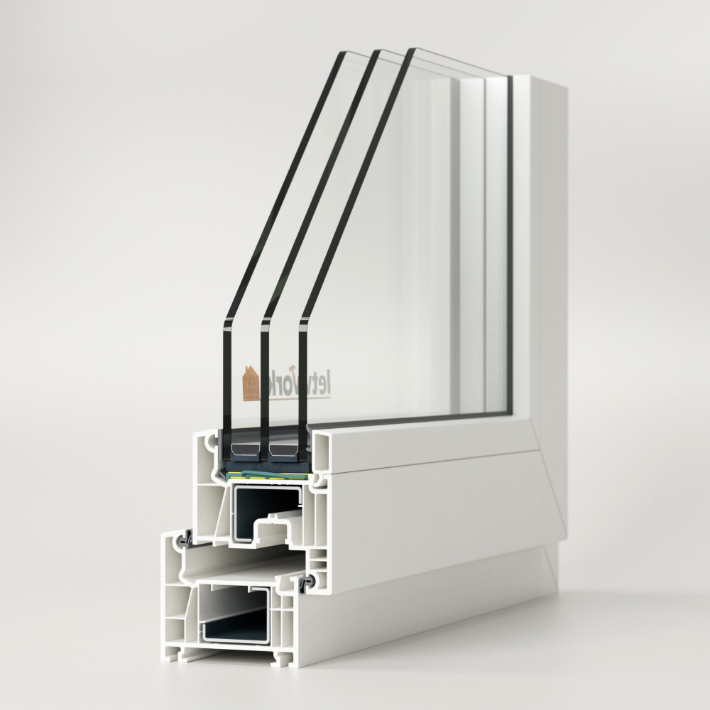 Profilé PVC FalcoTherm 70 AD, présenté en angle avec vue sur le profilé à chambres