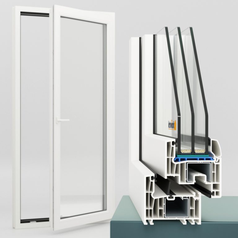 Kunststoffprofil FalcoTherm 82 mit Gesamtansicht der Balkontür im Hintergrund und Profilecke im Querschnitt im Vordergrund