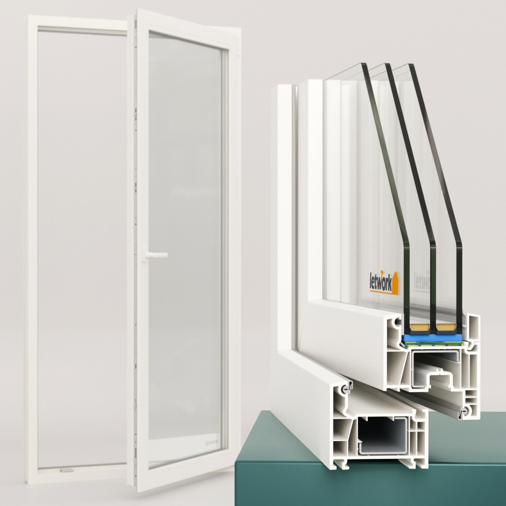 Kunststoffprofil FalcoTherm 70 AD mit Gesamtansicht der Balkontür im Hintergrund und Profilecke im Querschnitt im Vordergrund