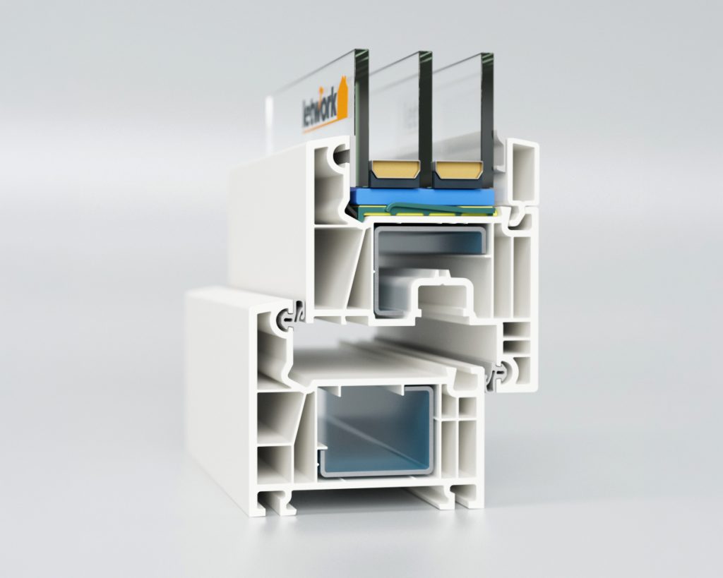 Profilé PVC FalcoTherm 70 AD en coupe transversale avec gros plan sur le profil à chambres