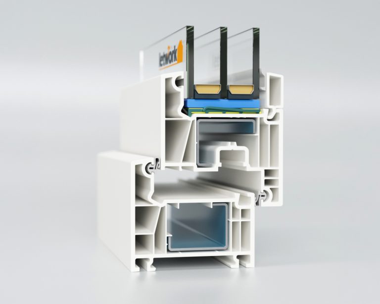 Profilé PVC FalcoTherm 70 AD en coupe transversale avec gros plan sur le profil à chambres