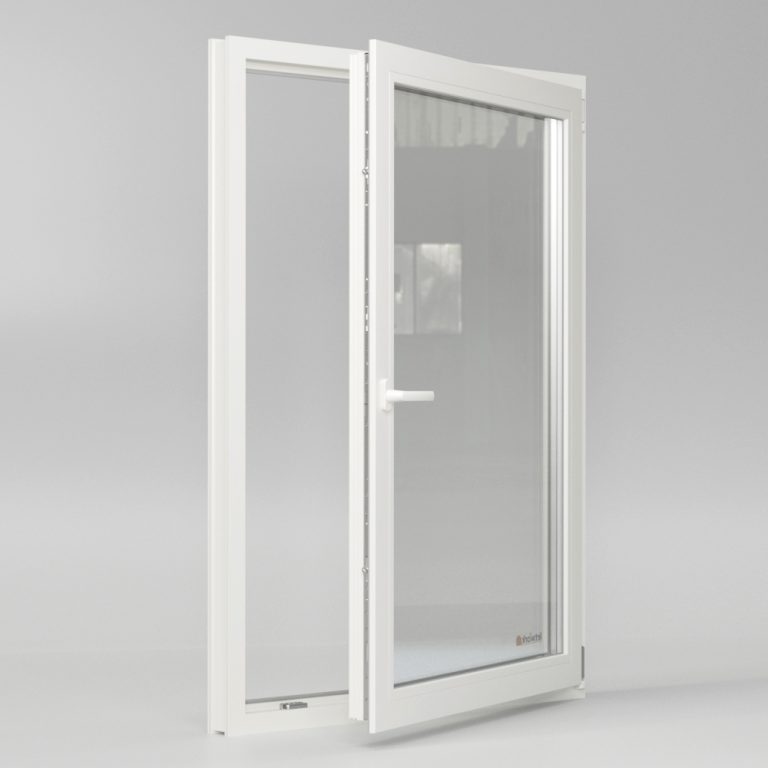 Profilé PVC FalcoTherm 70 AD représenté en ouvrant complet avec vue de l'intérieur sur la poignée et le parclose