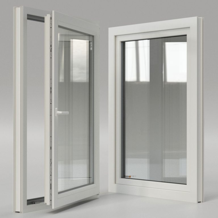 Profilé PVC FalcoTherm 82 MD, vue intérieure et vue extérieure. Vue intérieure avec poignée et parclose ouverte. Vue extérieure fermée.  