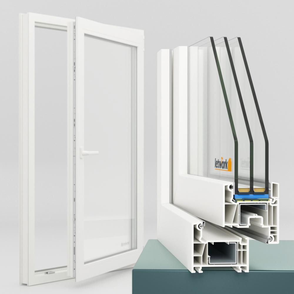 Profilé PVC FalcoTherm 70 AD avec vue d'ensemble d'une fenêtre PVC à un vantail en arrière-plan et coin de profilé en coupe au premier plan