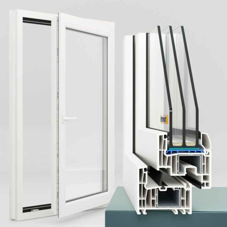 Profilé PVC FalcoTherm 82 MD avec vue d’ensemble d’une fenêtre PVC à un vantail en arrière-plan et angle de profilé en coupe au premier plan