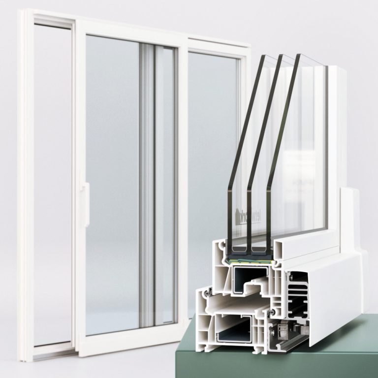 PSK Kunststoffprofil FalcoTherm 70AD mit Gesamtansicht der PSK Türe im Hintergrund und Profilecke im Querschnitt im Vordergrund