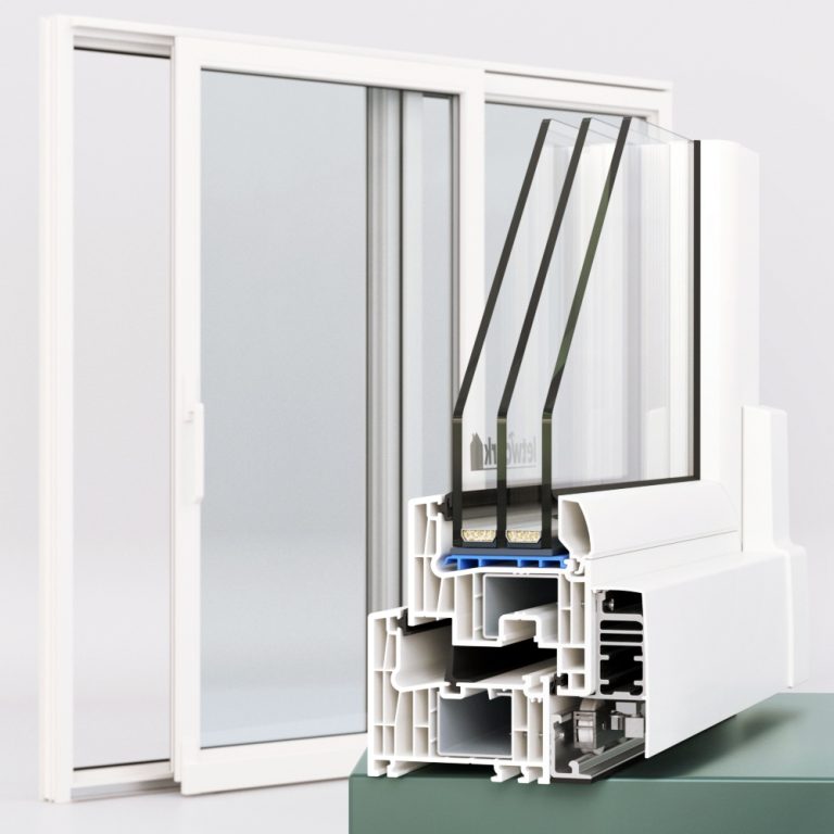 PSK Kunststoffprofil FalcoTherm 82MD mit Gesamtansicht der PSK Türe im Hintergrund und Profilecke im Querschnitt im Vordergrund