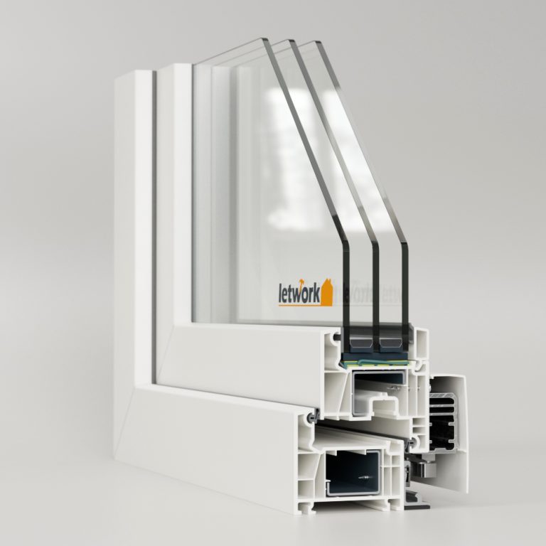 Kunststoffprofil FalcoTherm 70 AD als PSK Ecke dargestellt mit Blick ins Kammerprofil