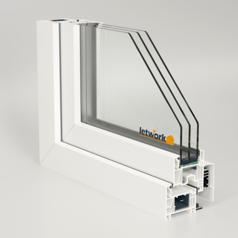 Kunststoffprofil FalcoTherm 70 AD als PSK Ecke dargestellt mit Blick ins Kammerprofil