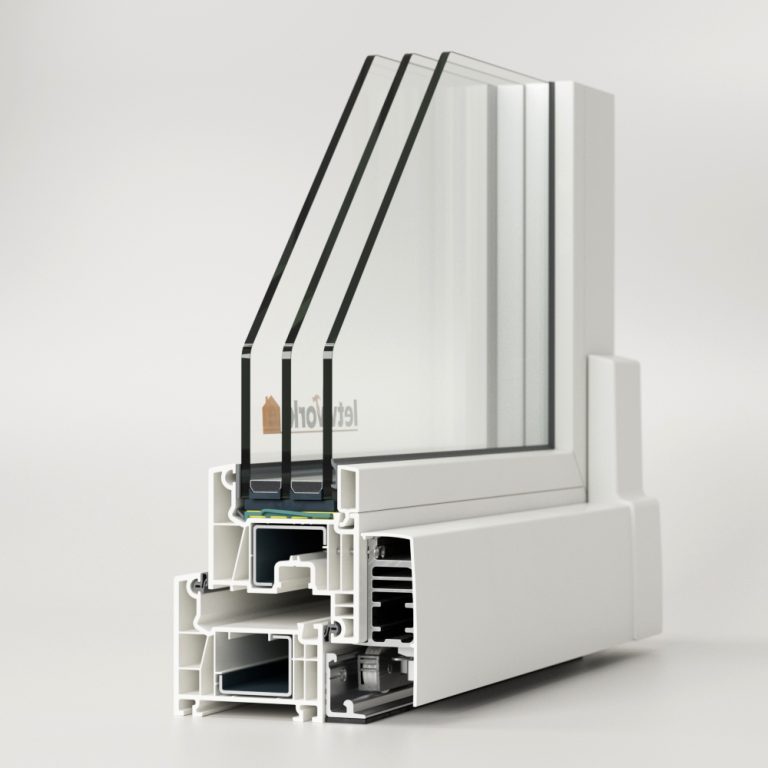 Kunststoffprofil FalcoTherm 70 AD als PSK Ecke dargestellt mit Blick ins Kammerprofil