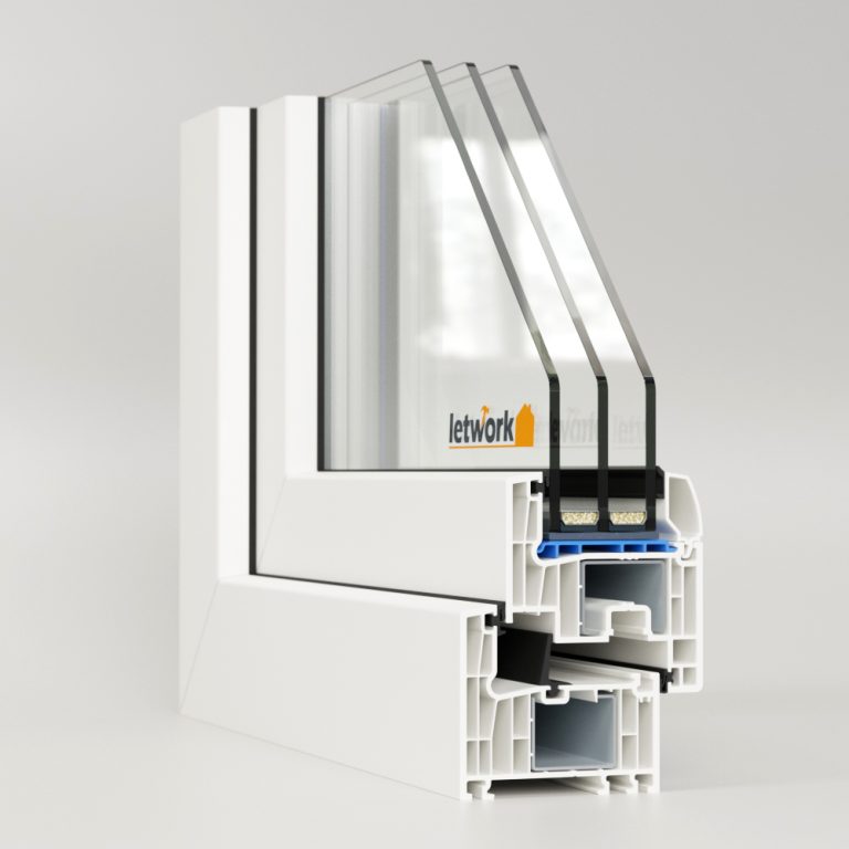 Profilé PVC FalcoTherm 82 présenté en angle avec vue sur les chambres du profilé