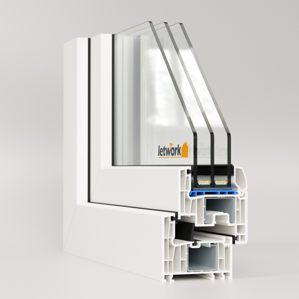 Profilé PVC FalcoTherm 82 présenté en angle avec vue sur les chambres du profilé