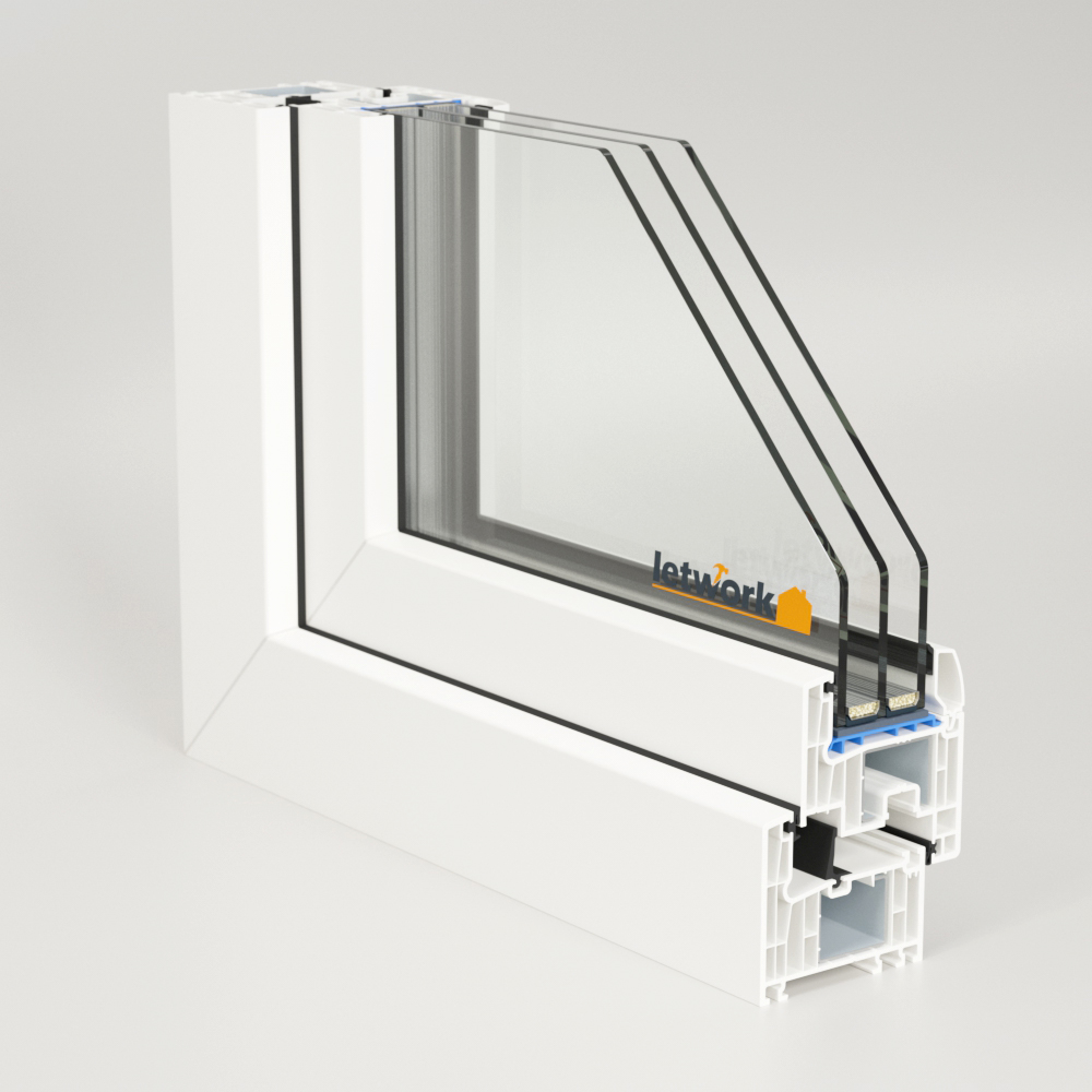 Profilé PVC FalcoTherm 70 AD, présenté en angle avec vue sur le profilé à chambres