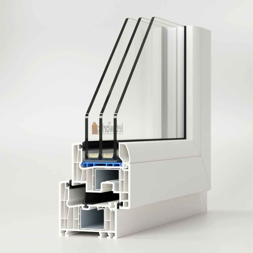 Profilé PVC FalcoTherm 70 AD, présenté en angle avec vue sur le profilé à chambres