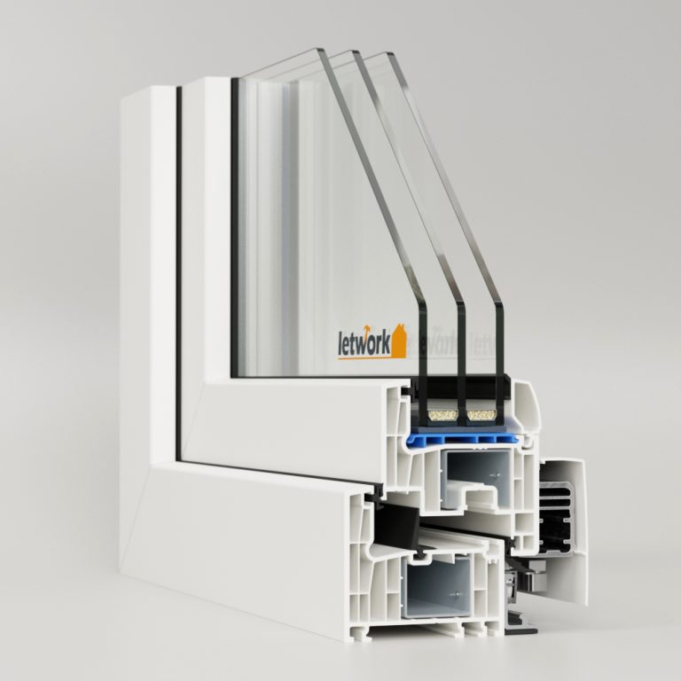PSK Kunststoffprofil FalcoTherm 82 als Ecke dargestellt mit Blick ins Kammerprofil