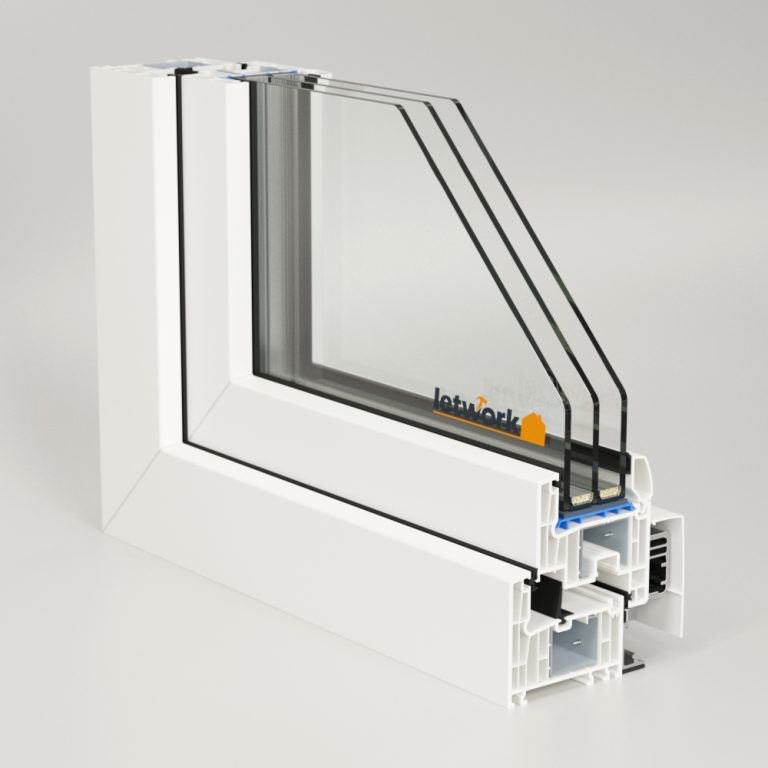 PSK Kunststoffprofil FalcoTherm 82 als Ecke dargestellt mit Blick ins Kammerprofil