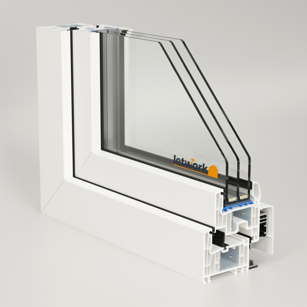 PSK Kunststoffprofil FalcoTherm 82 als Ecke dargestellt mit Blick ins Kammerprofil