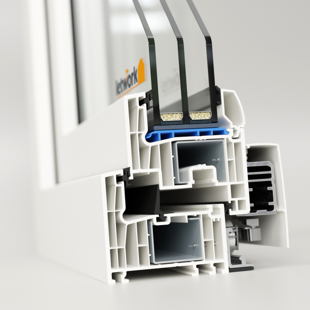 PSK Kunststoffprofil FalcoTherm 82 als Ecke dargestellt mit Blick ins Kammerprofil
