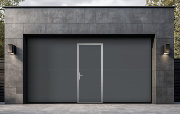 Portillon intégré dans une porte de garage anthracite positionné au centre