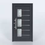 Türfüllung Design 1143 in Anthrazit mit drei Glaseinsätzen und mit 6 schmalen Edelstahl-Applikationen