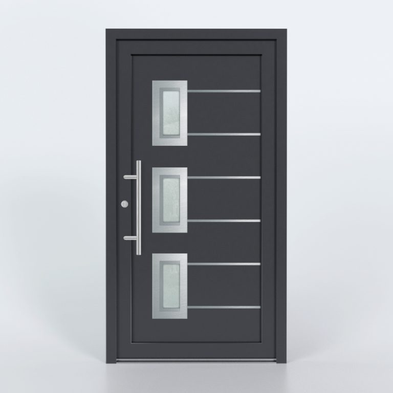 Türfüllung Design 1143 in Anthrazit mit drei Glaseinsätzen und mit 6 schmalen Edelstahl-Applikationen