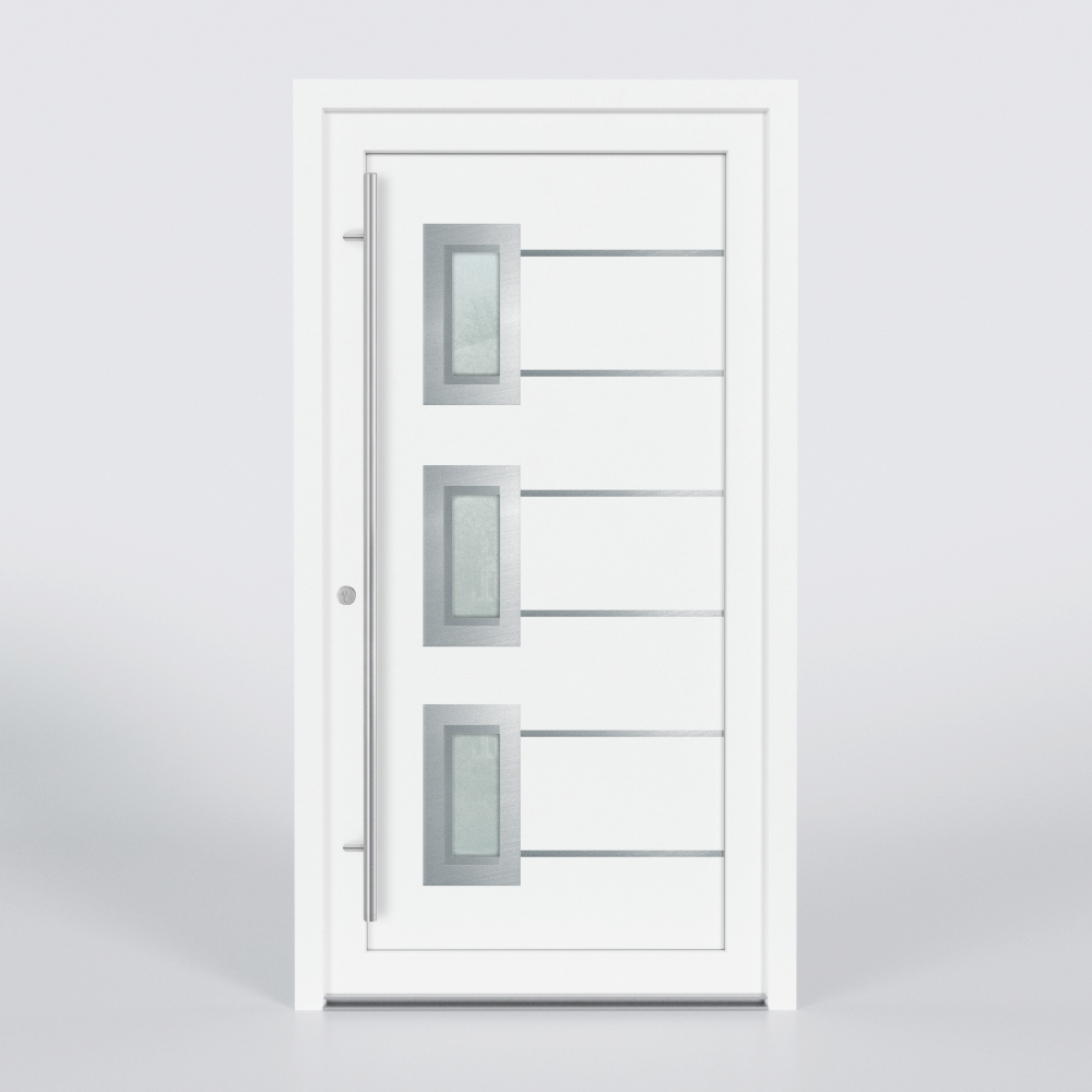 Türfüllung Design 1143 in Weiß mit drei Glaseinsätzen und mit 6 schmalen Edelstahl-Applikationen