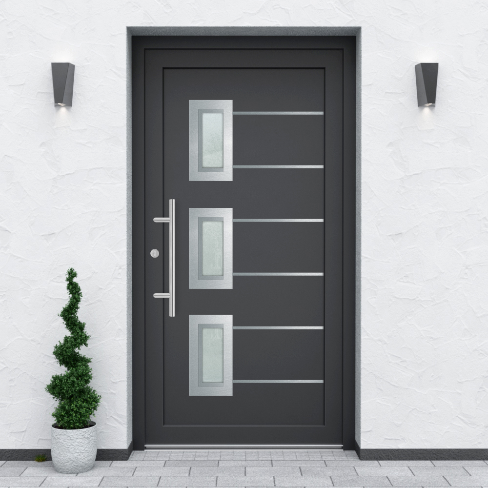Türfüllung Design 1143 in Anthrazit mit drei Glaseinsätzen und mit 6 schmalen Edelstahl-Applikationen